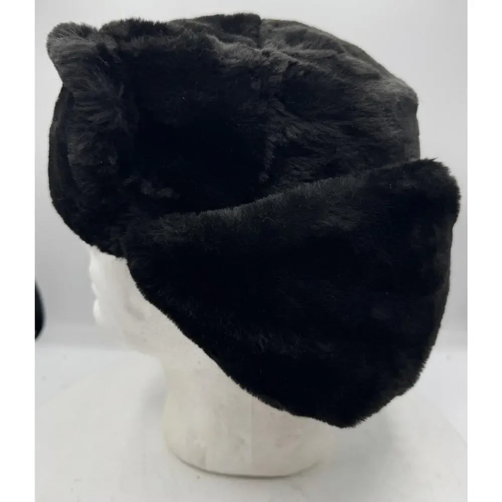 Russian Ushanka Winter Hat Black Faux Fur Soviet Union Navy Anchor Badge
